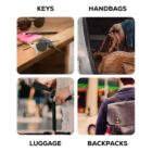 Four images labeled keys, handbags, luggage, and backpacks. The keys are on a wooden surface; a hand holds a handbag in a car; someone pulls luggage; and a person wears a backpack with a keychain attached.