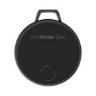 A black circular tracking device labeled SwiftFinder Duo with a small button at the bottom and a loop at the top for attachment.