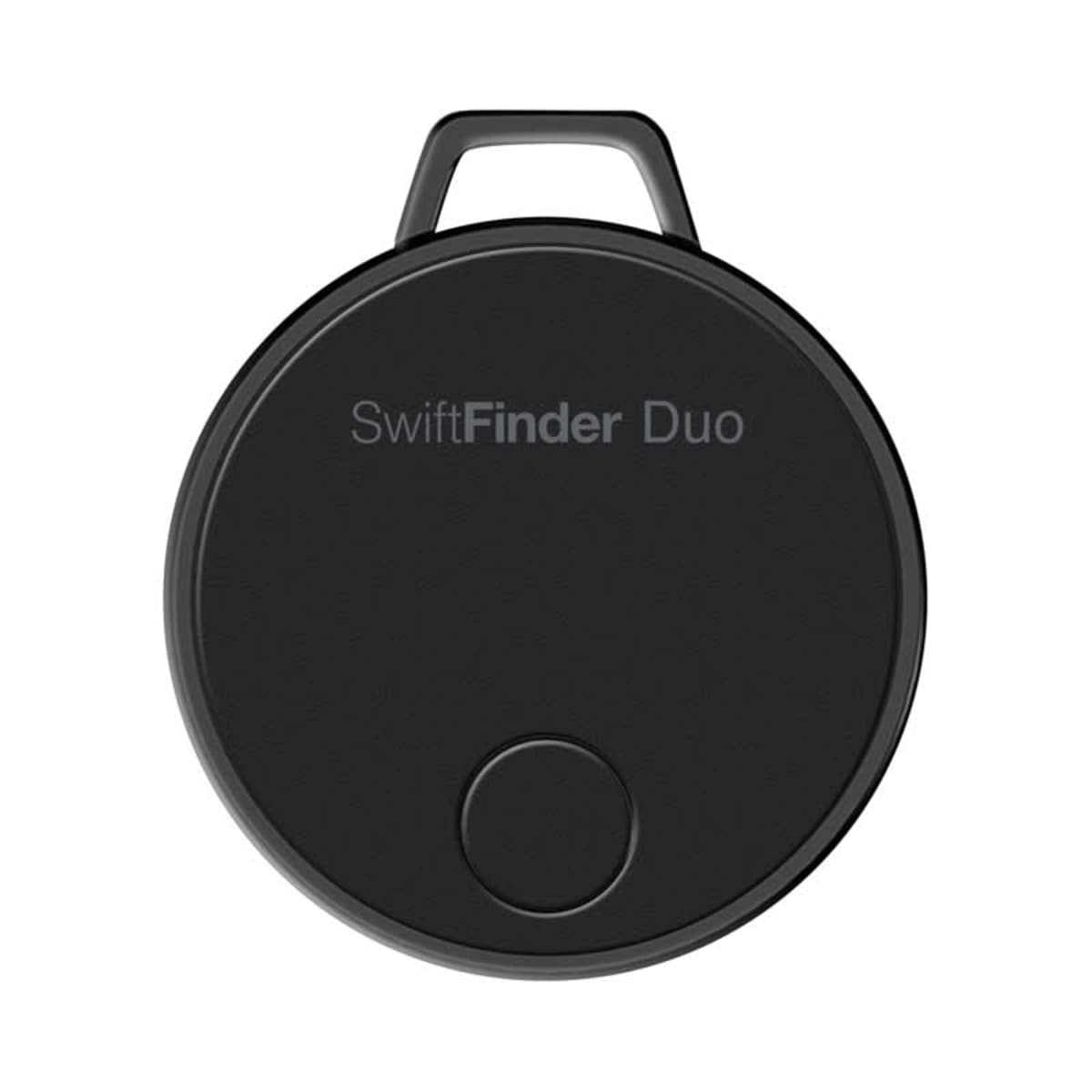 A black circular tracking device labeled SwiftFinder Duo with a small button at the bottom and a loop at the top for attachment.