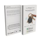 Packaging for SwiftFinder Duo, a Bluetooth tracker. The box shows a tracker attached to keys and includes compatibility with Apple Find My and the SwiftFinder app. It highlights features like the community search and replaceable battery.