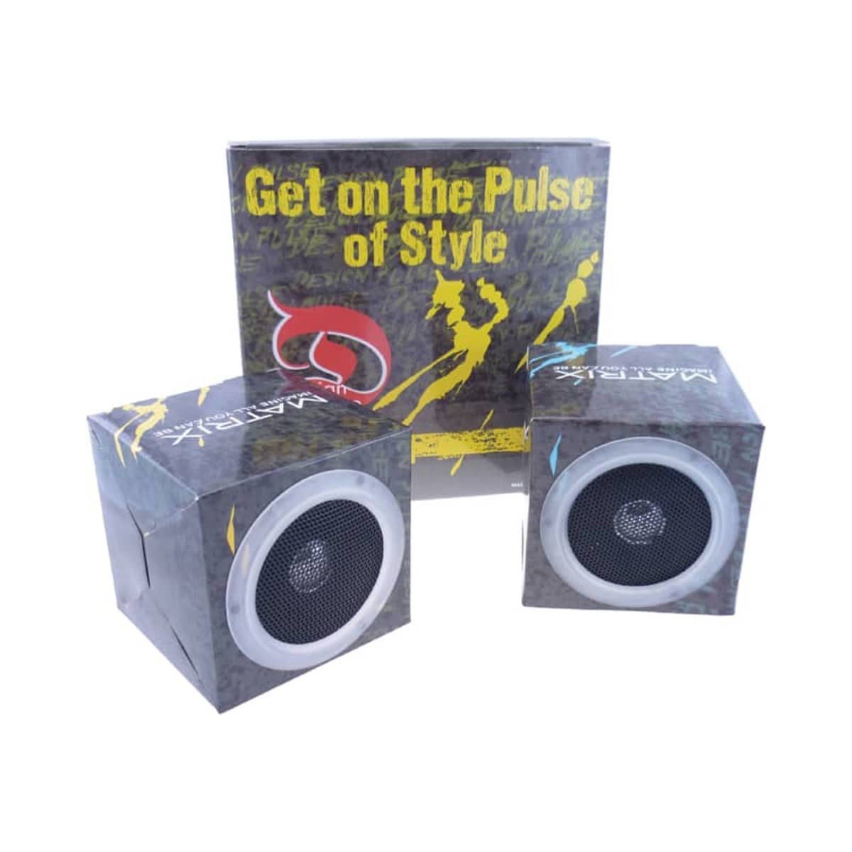 Two cube-shaped speakers are in front of a box with the text Get on the Pulse of Style and an abstract design featuring a dancer and musical note. The speakers and box have a matching color scheme with subtle patterns.