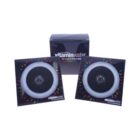 Two black square speakers with a circular design and colorful accents positioned in front of a Glaceau Vitaminwater box. The speakers feature the Vitaminwater logo and have a white outer ring around the speaker mesh.