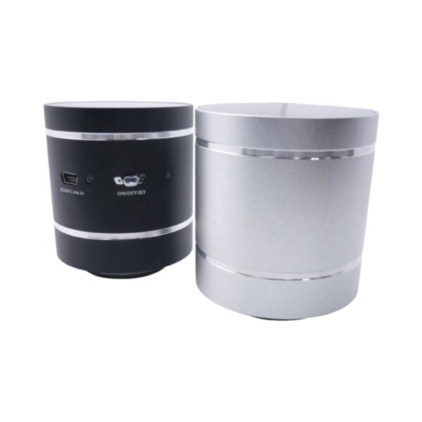 Two cylindrical wireless speakers are shown. One is black with silver accents, displaying input and on/off buttons. The other is silver with similar design, both placed on a white background.