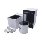 Portable vibrating speaker in silver next to its opened packaging. The box has a photo of the speaker and the words Vibrating Speaker. A USB charging cable and audio jack cable are placed beside the speaker on a white surface.