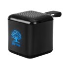 Black cube-shaped portable speaker with a blue lifeTree logo and a small handle.