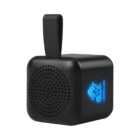 Black cube-shaped portable speaker with a loop handle and a glowing blue logo on the side.