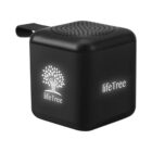 Black cube-shaped portable speaker with lifeTree logo and tree design glowing on the sides.