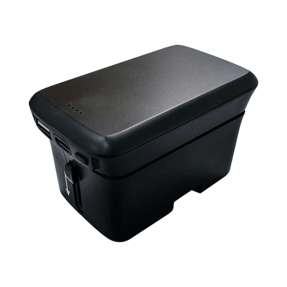 A rectangular black charging dock with a smooth surface and multiple ports on one side. It appears to be a portable charger or power bank with an arrow symbol on the front.