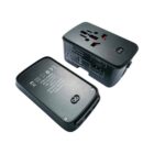 A universal travel adapter with multiple outlets and USB ports. The adapter is black and features various plug configurations for international use. It is shown from two angles, highlighting the front and back sides.