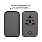Image of a high-quality travel charging pack featuring a power bank and travel adapter. The device has a magnetic contact charge feature with no cable required. It includes multiple socket types for various plug standards.