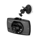A black dash cam with a wide lens and LED lights is shown. It includes a suction mount for attaching to a car windshield. The camera is labeled Car Cam Recorder with FHD 1080P noted on the front.