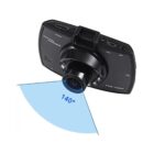 Dashcam with a 140-degree wide-angle lens, featuring multiple connection ports on the top. The lens projects a blue, fan-shaped overlay indicating its field of view.
