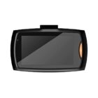A black rectangular device with a screen facing forward and an orange button on the right side. It has a raised section at the top and appears to be an electronic gadget, possibly a GPS or a dashcam, against a white background.