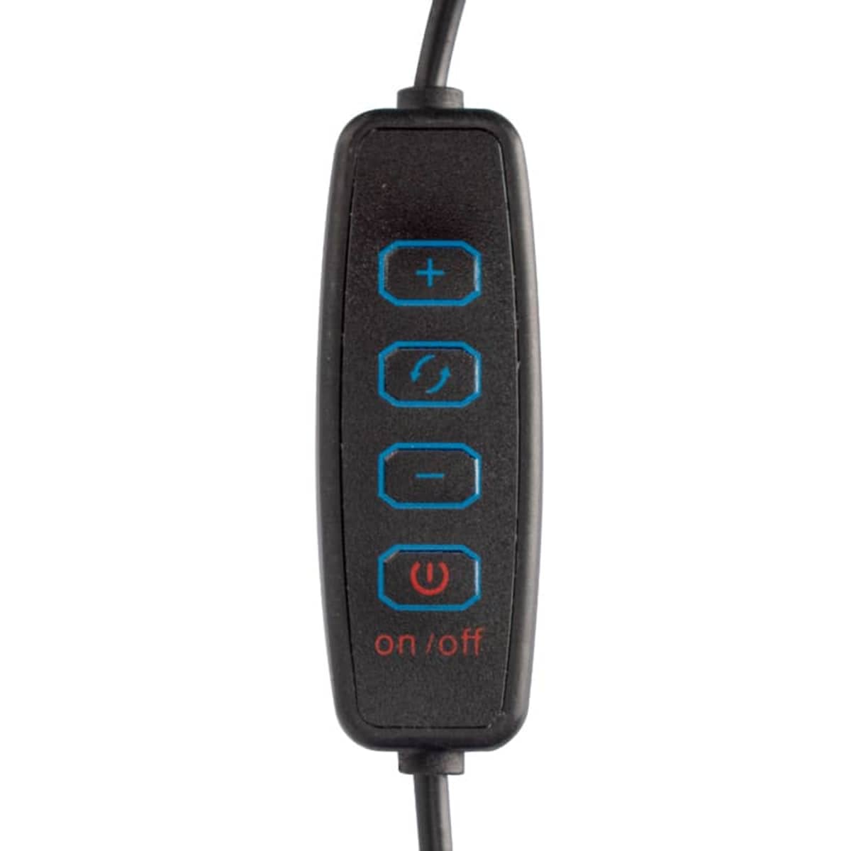 A black remote control with four blue buttons: a plus sign, circular arrows, a minus sign, and a red power button labeled on/off.