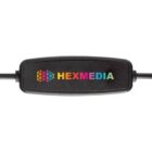 A black cable with a rectangular connector featuring the colorful logo and text HEXMEDIA in vibrant colors on a black background.