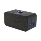 Black rectangular speaker with mesh front and blue gaming-themed graphics on the sides.
