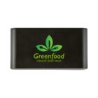 Black sign with Greenfood natural food store and a green leaf and cutlery logo.