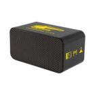Black rectangular speaker with yellow construction-themed graphics and text on its surface.