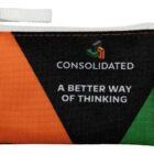 A small zippered pouch with a black, orange, and green geometric design. The text reads CONSOLIDATED with a logo above it and A BETTER WAY OF THINKING below. A tag on the side says RPET.