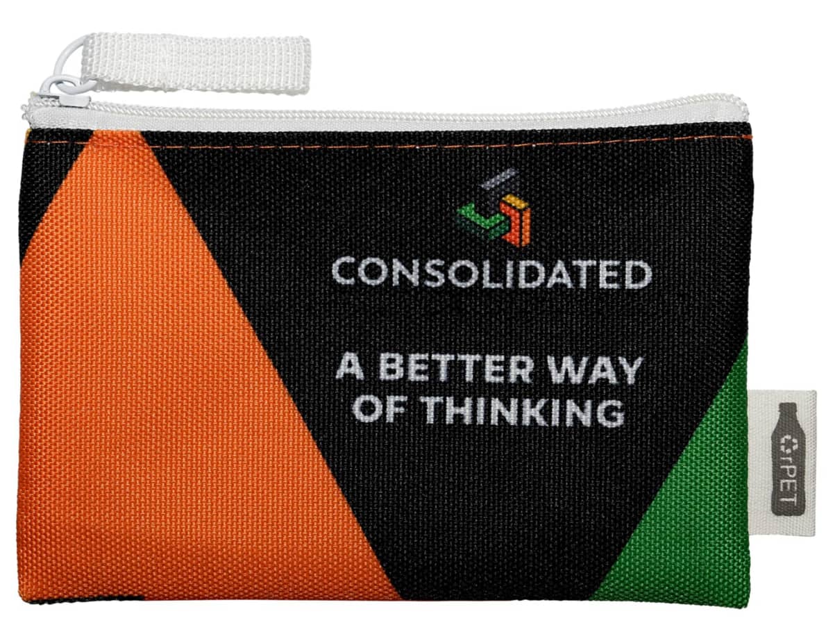 A small zippered pouch with a black, orange, and green geometric design. The text reads CONSOLIDATED with a logo above it and A BETTER WAY OF THINKING below. A tag on the side says RPET.