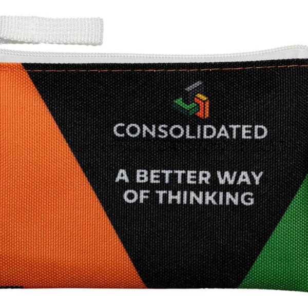A zippered pouch with a design featuring orange, black, and green triangles. The text on the pouch reads CONSOLIDATED and A BETTER WAY OF THINKING with a logo above. A small tag on the side displays RPET.