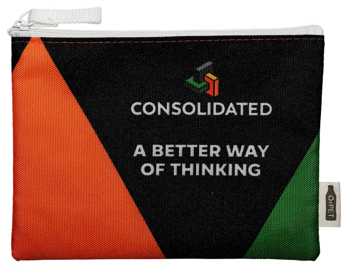 A zippered pouch with black, orange, and green geometric patterns. The text reads, CONSOLIDATED with a logo above and A BETTER WAY OF THINKING below. A small tag with the PET logo is on the side.