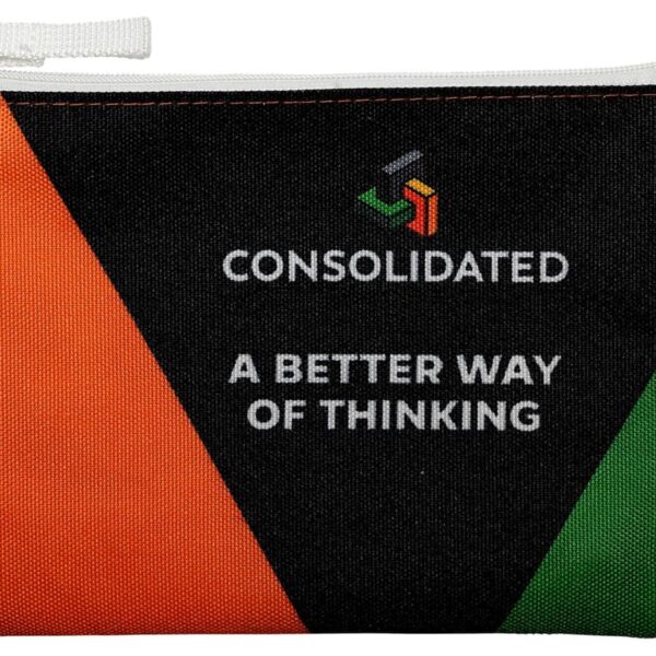 A small black zippered pouch with orange, green, and black triangular designs. The pouch features the logo and words Consolidated and A Better Way of Thinking. A fabric tag with a paw print symbol is attached to the side.