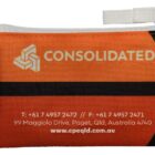A small orange and black zippered pouch with the logo CONSOLIDATED and contact details including a phone number, address in Paget, Queensland, Australia, and a website URL. Theres a recycle symbol tag on the side.