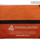An orange fabric pouch with a white zipper. The text on the pouch reads CONSOLIDATED with contact information and a website address. A recycle symbol is on the fabric label.