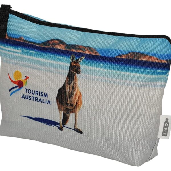 Pouch with a design featuring a kangaroo on a beach, a Tourism Australia logo, and an ocean background.