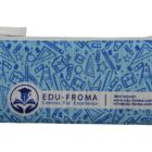 A blue pencil case with sketches of stationery items like pencils and rulers. It features the logo and text EDU-FROMA Centres For Excellence, along with contact details: a phone number and website URL.