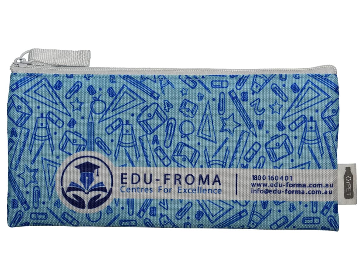 A blue pencil case with sketches of stationery items like pencils and rulers. It features the logo and text EDU-FROMA Centres For Excellence, along with contact details: a phone number and website URL.