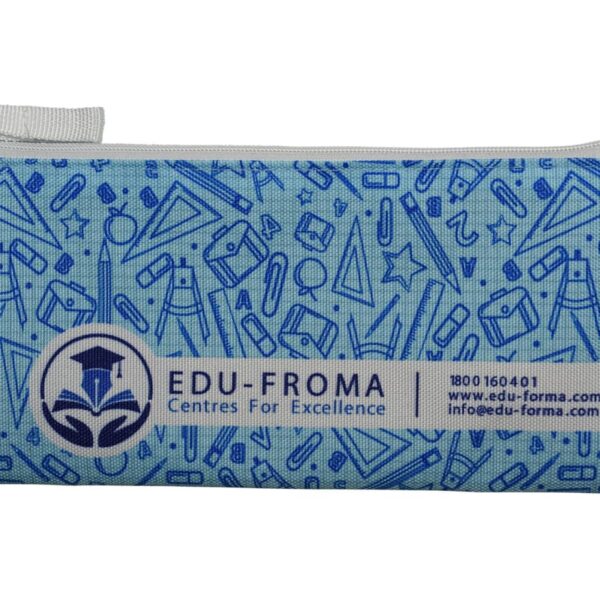 A blue pencil case with white zipper featuring educational-themed doodles like pencils, rulers, and stars. It displays EDU-FROMA Centres For Excellence and contact info: a phone number and email address on a beige band across the front.