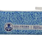 A blue pencil case featuring a pattern of school-related items, such as books, pencils, and rulers. The case has a white zipper and a band with the EDU-FROMA logo and contact information, including a phone number and website.