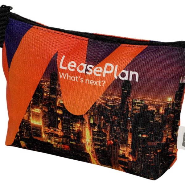 A zippered pouch with an orange and black cityscape design. The text LeasePlan Whats next? is printed on it. The pouch has a black zipper and a small loop handle on one side.