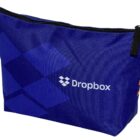 Blue zippered pouch with the Dropbox logo and a geometric design.