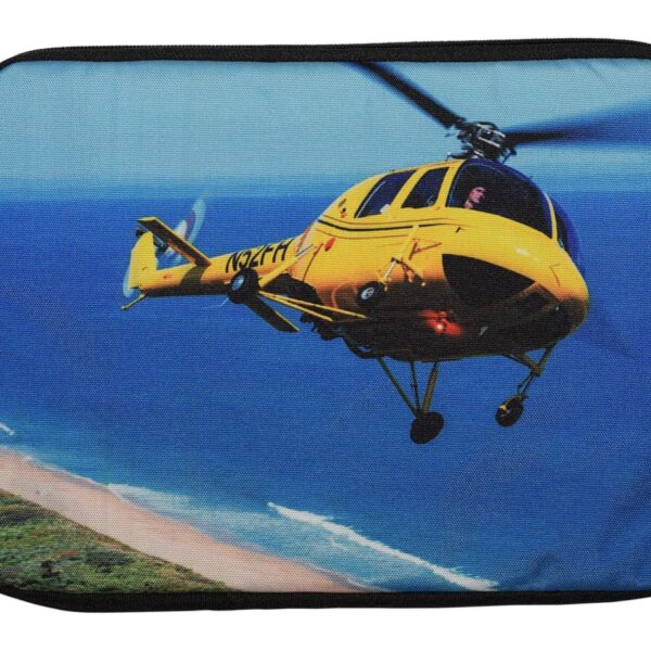A bright yellow helicopter flying over a coastline with clear blue water and a sandy beach. The image is printed on the surface of a zippered fabric sleeve.