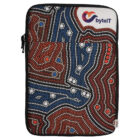 Laptop sleeve featuring an Indigenous Australian dot painting design in red, blue, white, and black with intricate patterns. The byteIT logo is displayed in the top right corner.