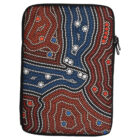 Laptop sleeve with a colorful Indigenous Australian dot painting design featuring patterns of red, white, blue, and black dots creating abstract shapes.