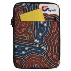 A slim pouch with an Indigenous art-inspired design featuring red, blue, and white dotted patterns. A small notebook in a yellow cover peeks out from an outer pocket. The logo byteIT is printed on the top right.