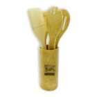 A set of bamboo kitchen utensils, including a spatula, spoon, and fork, is placed inside a bamboo holder. The holder features a logo with an illustration of a nest and text. The entire set is made from natural bamboo material.