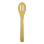 A bamboo slotted spoon with a long handle and three slots in the spoon section, placed on a white background.