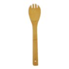 A wooden spork with a smooth finish, featuring three short tines and a curved handle with a small hole at the end for hanging.