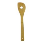 Wooden kitchen utensil with a straight handle and a rounded, slightly curved head. A circular hole is near the head of the utensil. There is a small hole at the end of the handle for hanging.