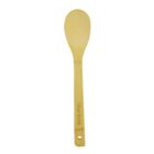 A bamboo spoon with a long handle, featuring the engraved text Uber Eats near the end. The spoon has a round head and a small hole at the tip of the handle.