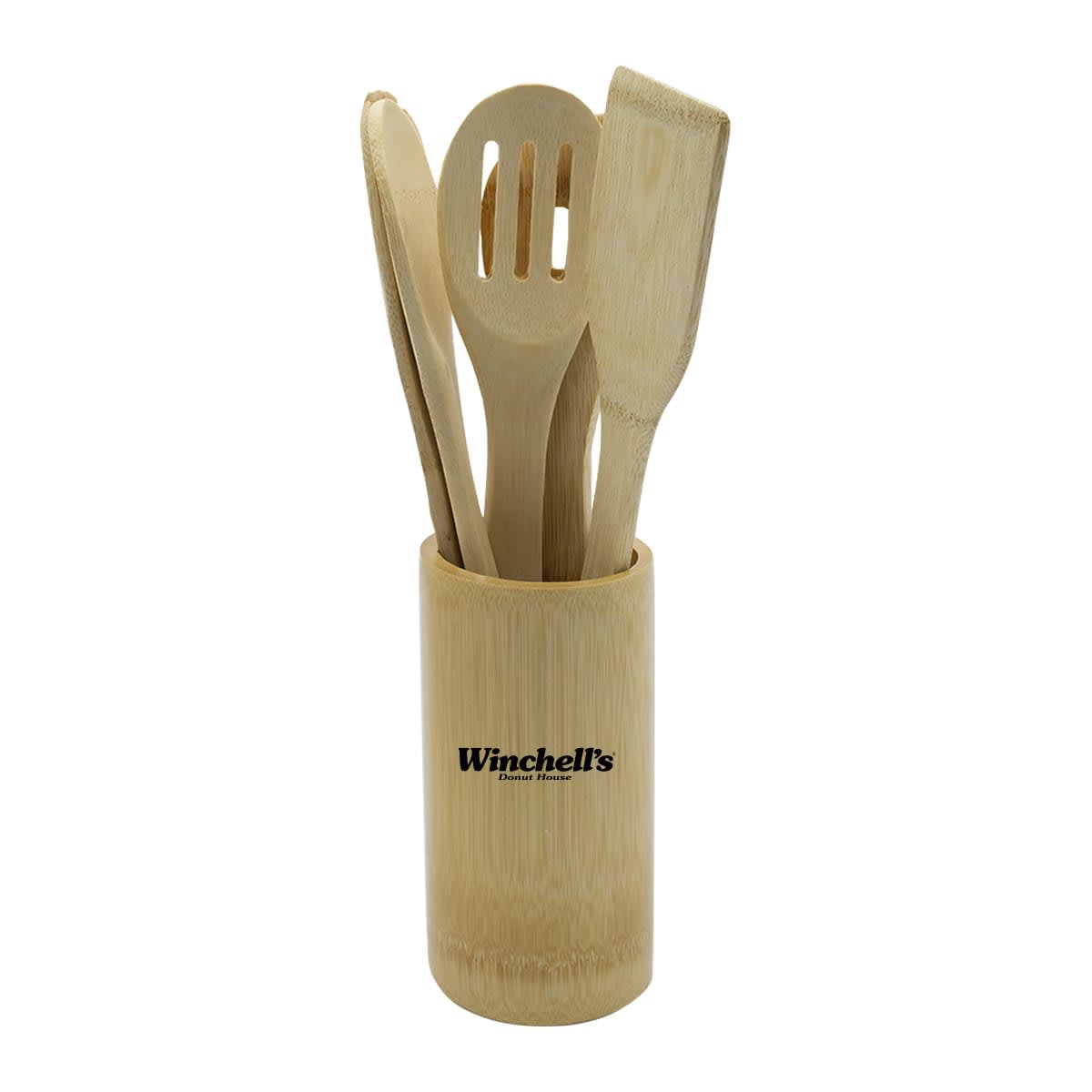 A wooden utensil holder with the text Winchells containing four kitchen utensils: a spoon, a spatula, a slotted spoon, and a scraper, all made of light-colored bamboo.