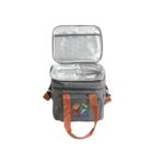 A gray insulated cooler bag with an open lid, exposing a shiny interior. The bag features brown handles, side pockets, and a colorful logo on the front.