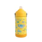 A yellow childrens water bottle with a sippy lid, adorned with colorful cartoon designs of vehicles, stars, and music notes. The words Little Chef are printed on the front.