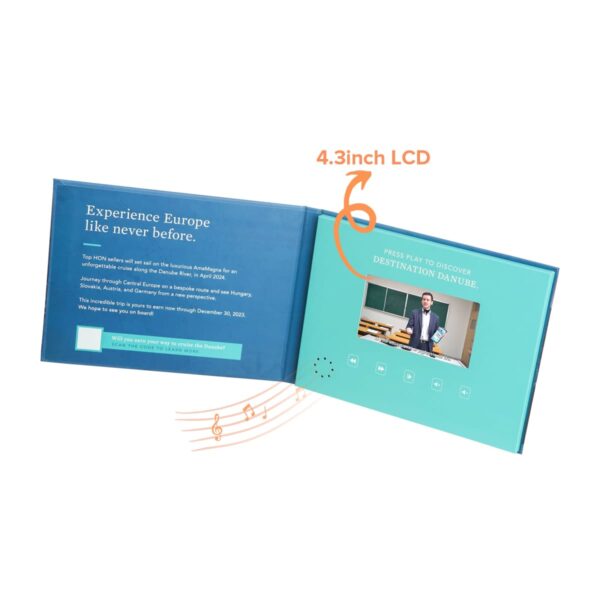 Open brochure with a 4.3-inch LCD screen on the right, displaying a person in a suit. Left page features text about experiencing Europe. Orange arrow pointing to screen. Musical notes diagram below.