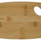 A rectangular bamboo cutting board with a small oval hole in one corner.
